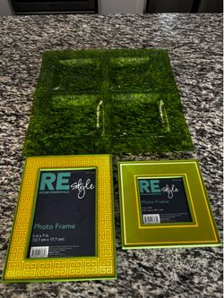 Grass Green Glass Appetizer Tray w/ matching color picture frames