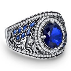 Real Sapphire Gemstone Ring With Diamonds for Men Sterling Silver Oxidized Men's Ring Vintage 