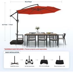 10ft Patio Umbrella with Base Included, Outdoor Offset Cantilever Umbrella with Sandbag Base for Backyard, Garden and Pool, Easy to Tilt and Crank