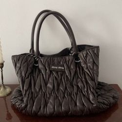 Miu Miu Brown Ruched Tote Bag With Long Handles
