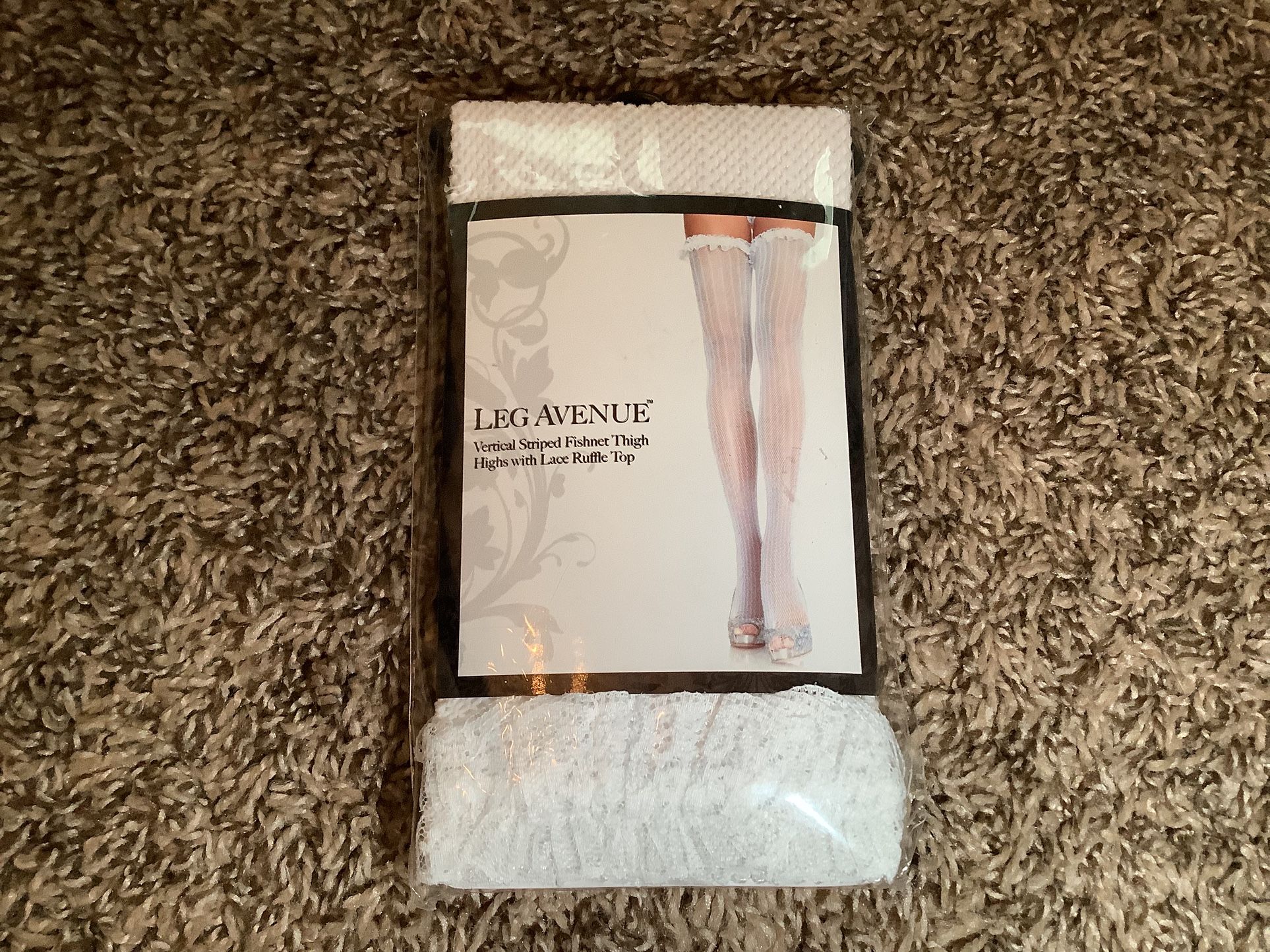 Leg Avenue vertical striped fishnet thigh highs w/lace ruffle top, white, OS