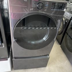 Lg ThinQ Front Load Electric Dryer And Pedestal In Black 