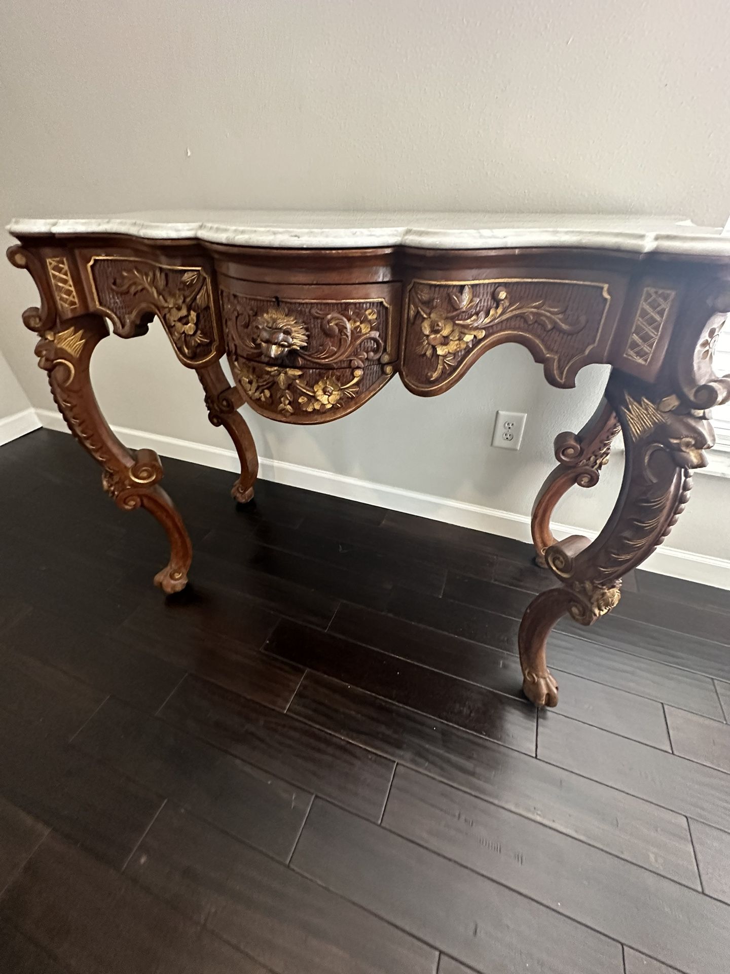 Giltwood and White Marble-Top Console Table with Scrolls