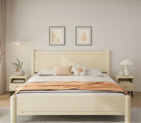 King Size Wood Bed Frame, Wood Platform Bed with Headboard, Solid Wood Legs, Foundation with 10 Wooden Slats, No Box Spring Needed Color -beige natura