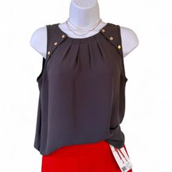 LOFT Grey Sleeveless Blouse Gold Shoulder Buttons Ladies M
