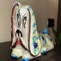 Vintage 60’s MCM Art Pottery Dog Bank Bassett Hound Flowers Boho Decor
