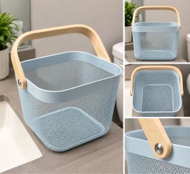 Light Blue Metal Mesh Storage Basket with Wooden Handle