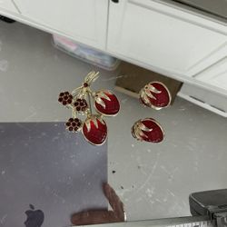Vintage Strawberry Brooch And Earring Set