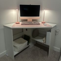 Corner Desk - 90 Degrees Triangle for Computer, Small Space, Bedroom, Makeup Vanity Desk with Storage Shelves & CPU Stand, Space Saving Writing Desk, 