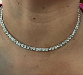 Silver Tone Rhinestone Tennis Chain Necklace Clear Crystal Prong Set Box Clasp
