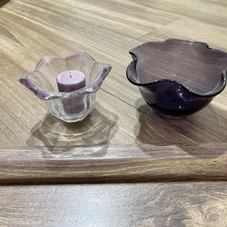 Purple Flower Glass Bowl And Votive Holder
