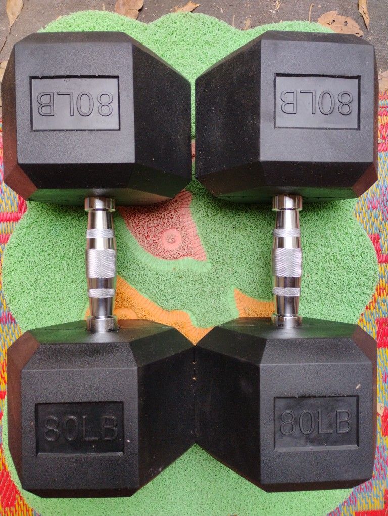 PAIR OF 80 LB. RUBBER HEX DUMBBELLS