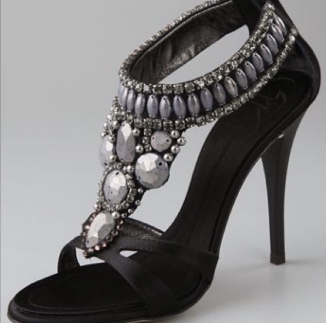 Giuseppe Zanotti Jeweled Black Satin Sandals 38.5