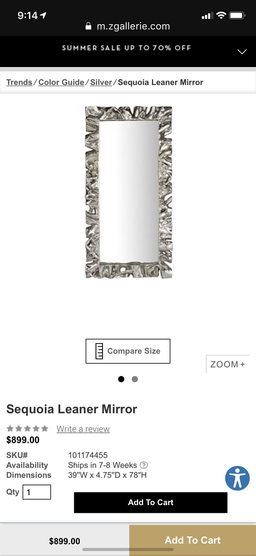 Z Gallerie Sequoia Leaner Mirror