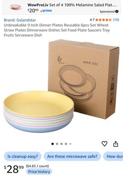 Unbreakable 9 Inch Dinner Plates Reusable 6pcs Set Wheat Straw Plates Dinnerware Dishes Set Food Plate Saucers Tray Fruits Serveware Dish