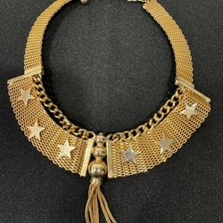 1950s Volupte’ Gold Mesh Choker, Collar Necklace, Egyptian, Stars, Tassels, Hollywood Regency