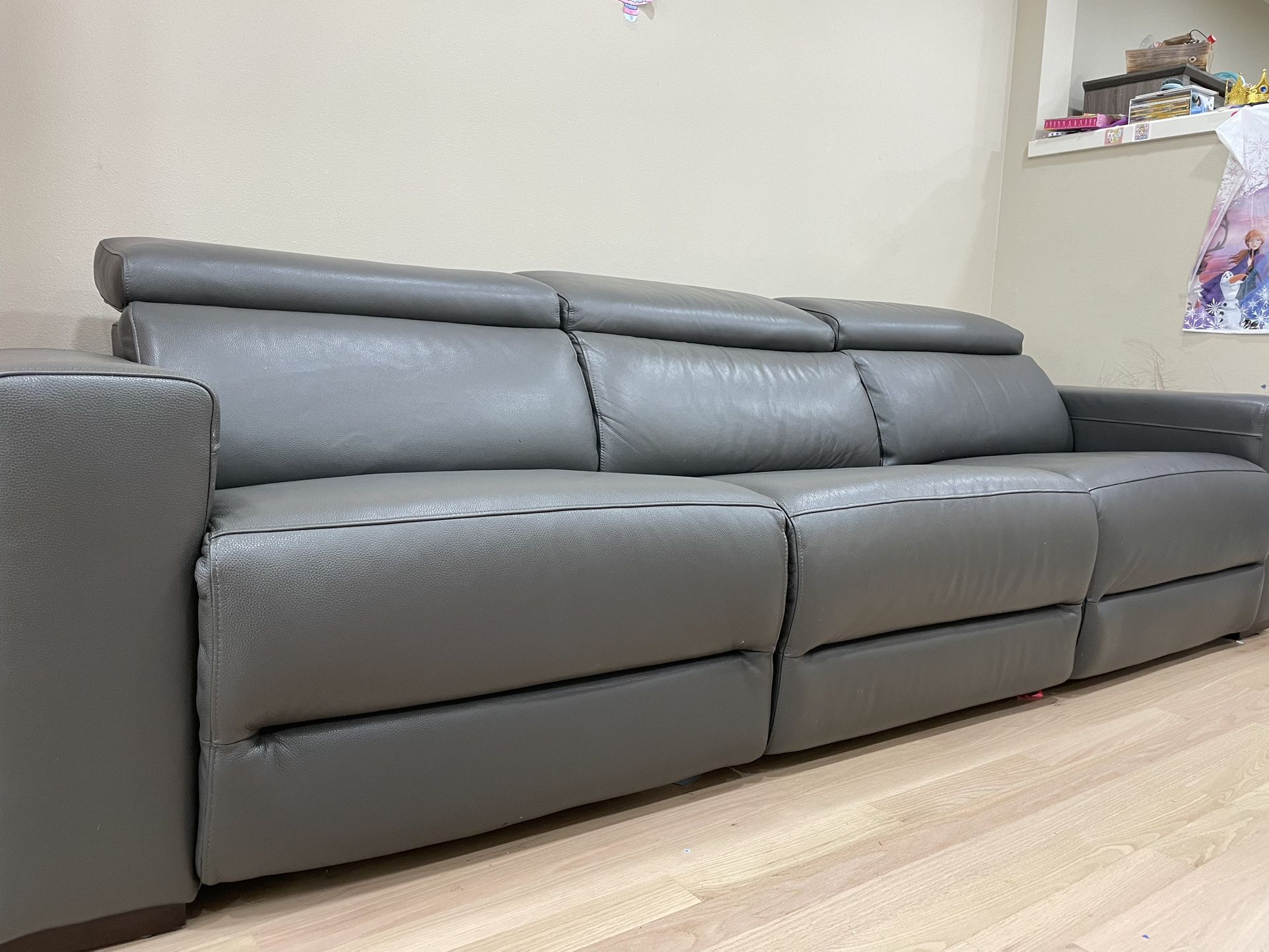 Gray Leather Power Recliner Sofa