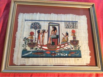 GOLDEN FRAMED EGYPTIAN HAND-PAINTED PAINTING PAPYRUS SIGNED AG
