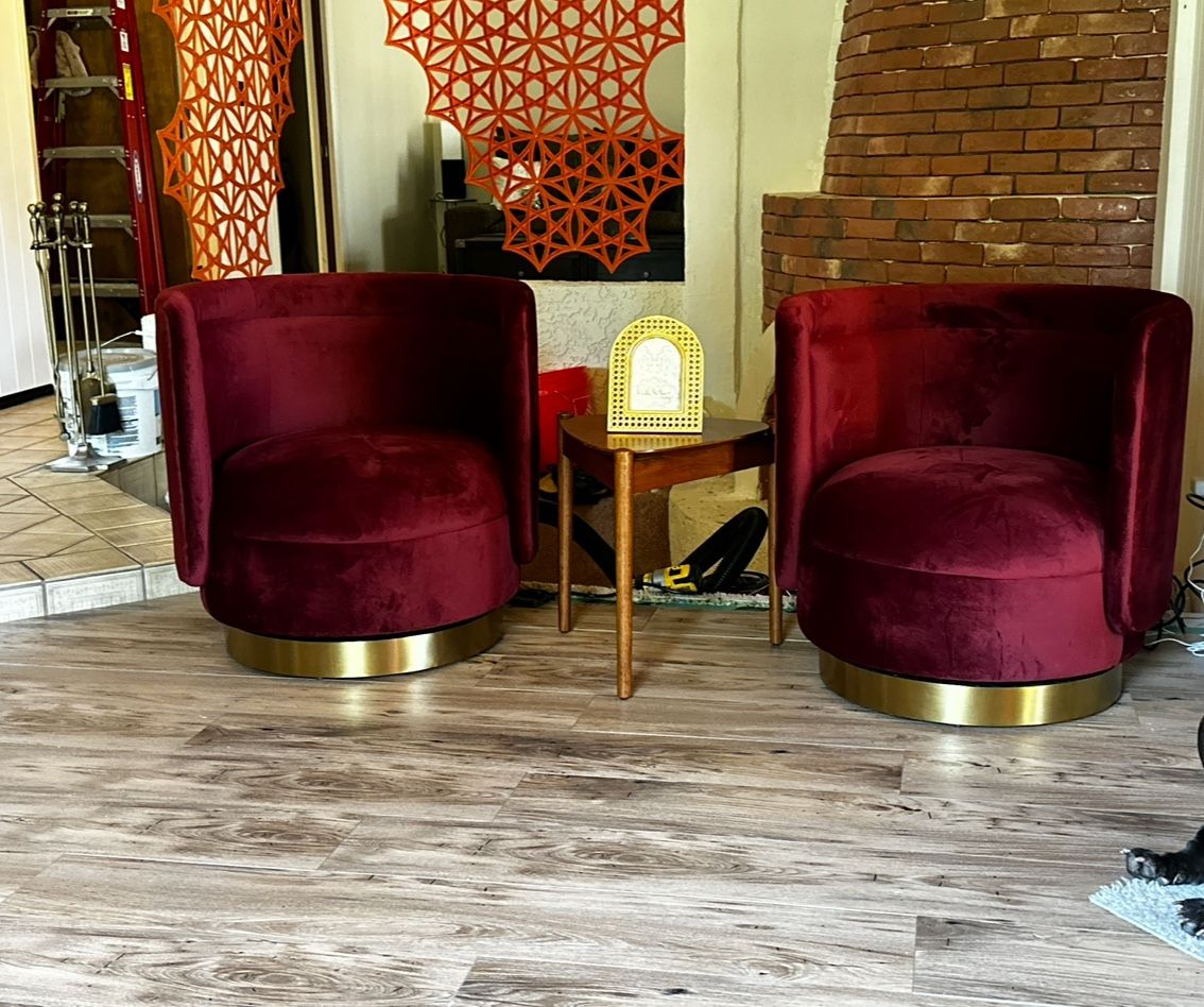 Velvet Swivel Chair. Maroon In Color.