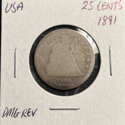 1891 Seated Liberty Quarter Silver Coin