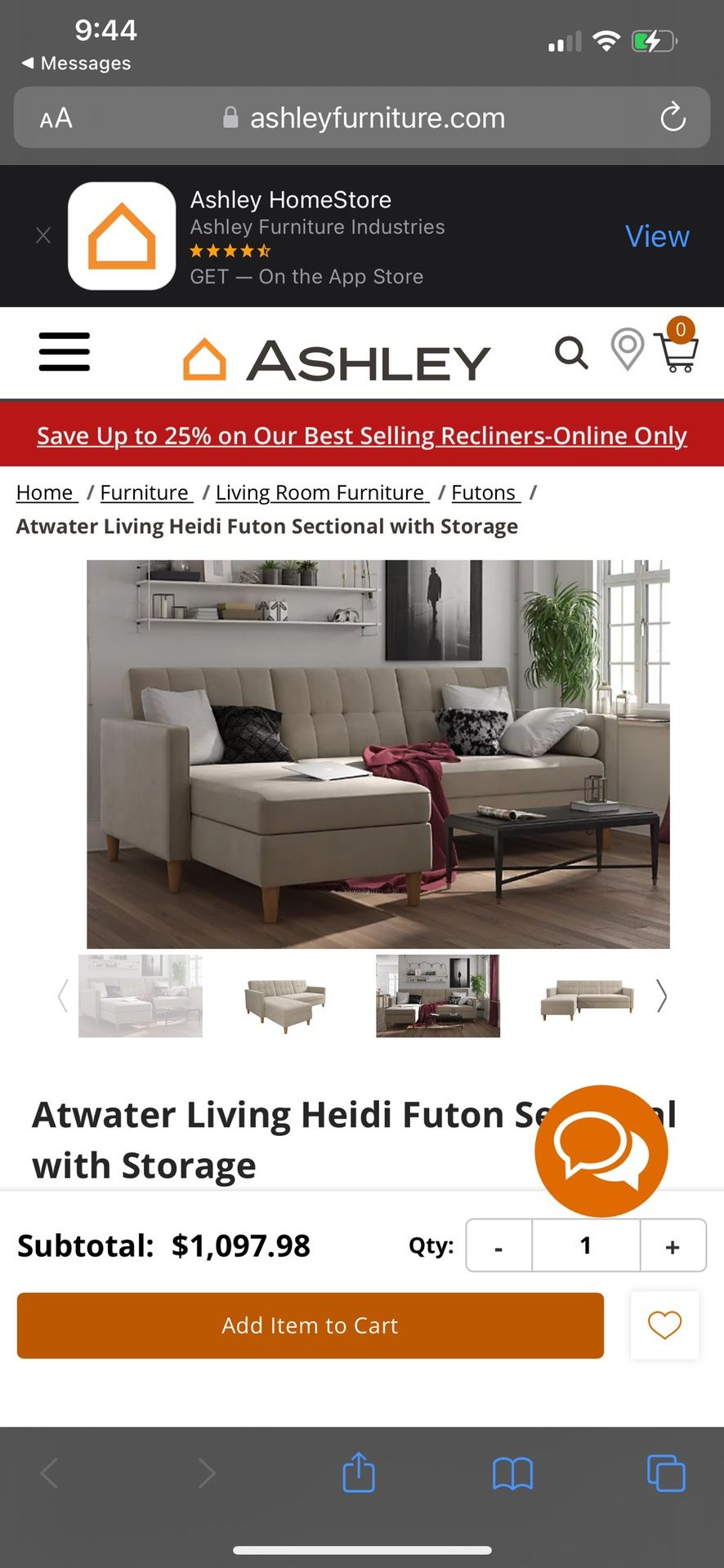 Atwater Living Heidi Futon Sectional with Storage