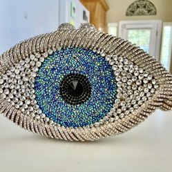 Luxury High Quality Fully Covered With Gold, Silver and Blue & Black Crystal/ Rhinestones Evil Eye Clutch.  New With Tags 