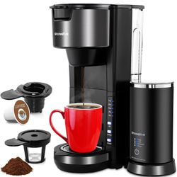 Single Serve Coffee Maker with Milk Frother, 2-In-1 Cappuccino Coffee Machine for K Cup Pod and Ground Coffee, Single Cup Brewer Compact Latte Maker w