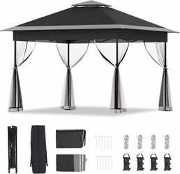 #F 11x11 Pop Up Gazebo with Mosquito Netting, Black Easy 1-Person Setup Outdoor Canopy, Water-Resistant Portable Shelter for Patio, Backyard & Garden,