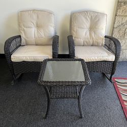 3-Piece Brown Wicker Patio Conversation Set with Beige Cushions