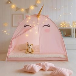 New Unicorn-Shaped Kids Indoor Tent with Star Lights - Fits Twin Bed, Mesh Window, Tablet & Bottle Holder - Machine Washable Play & Sleep Space