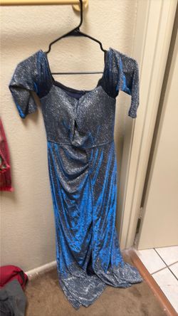 Sparkly Blue Leg Slit Prom Dress