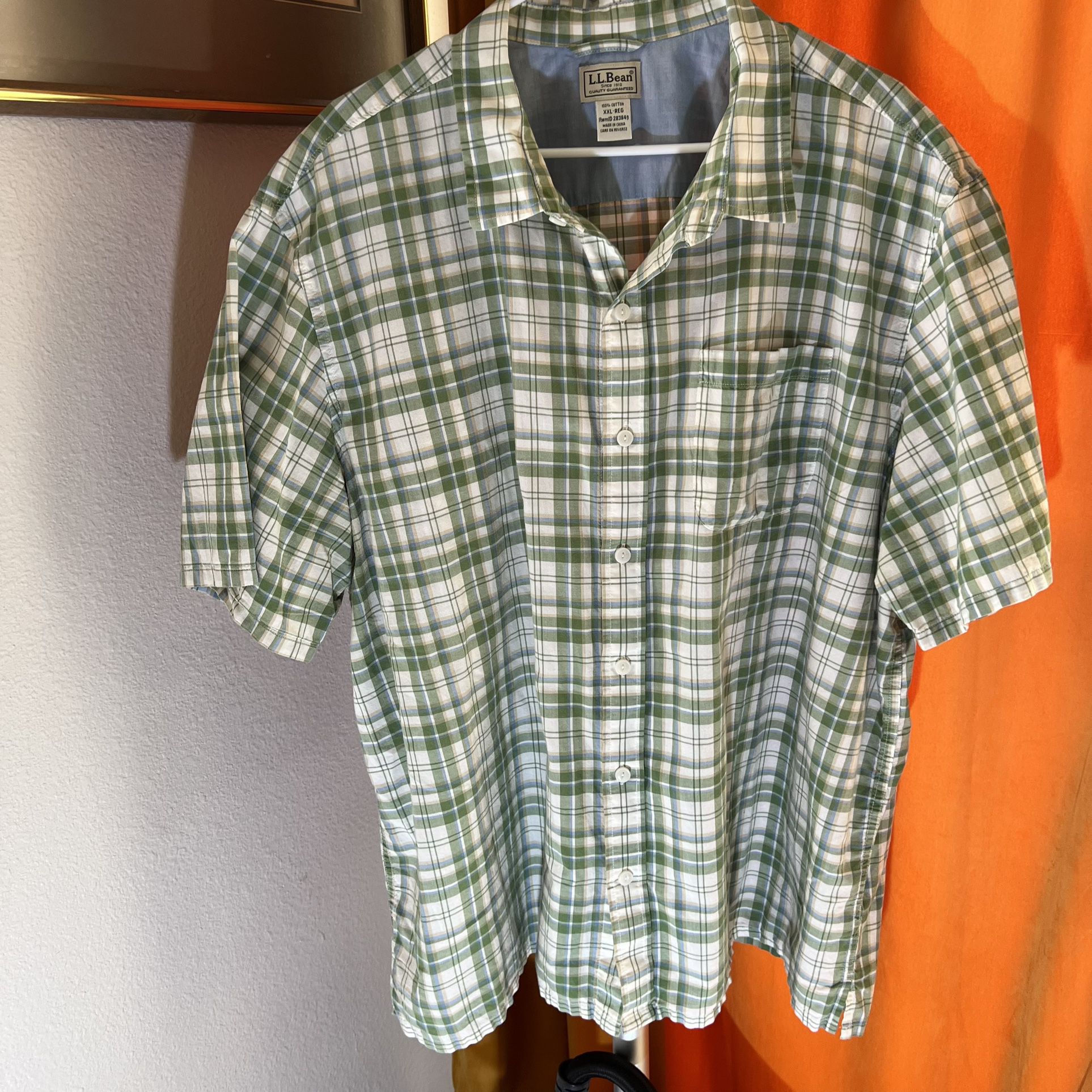 LL Bean, men’s green white blue and khaki plaid button-down shirt size XXL