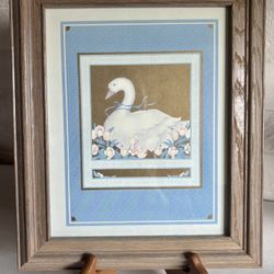 Vintage Gray Wood Framed “Country Goose” Print By Elizabeth Brownd 