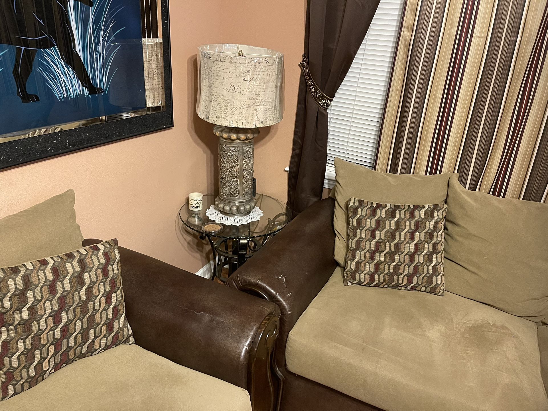 Living Room Sofa Set, (2) Lamps, Brown Rug, Pillows And Curtains
