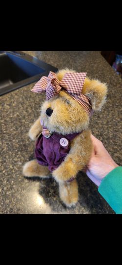 Boyds Bears 11"" Maroon overalls and hair ribbon