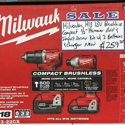 Milwaukee M18 18V Brushless Compact 1/2” Hammer Drill & Impact Driver Kit W/ 2 Batteries & Charger New 