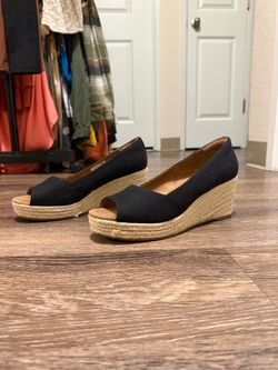 Toms Black Wedge Peep-Toe Flats