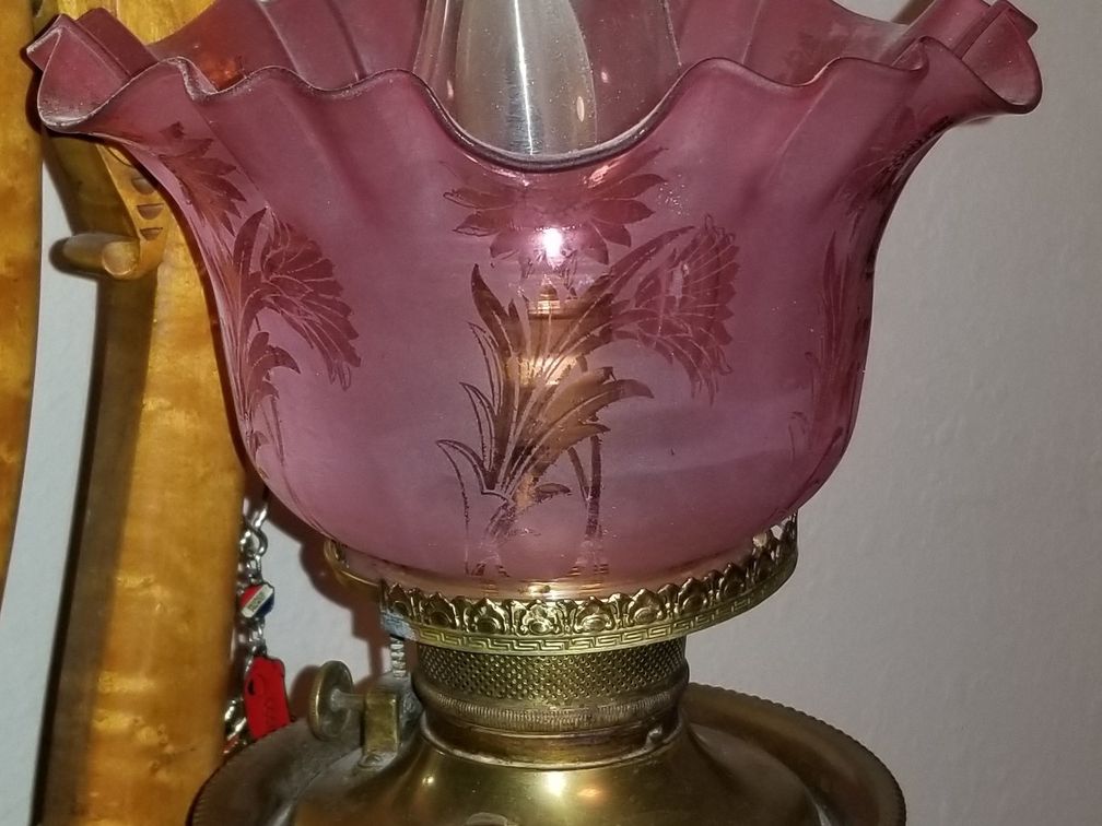 Antique Brass Electrified Oil Lamp With Cranberry Tulip Edge Shade