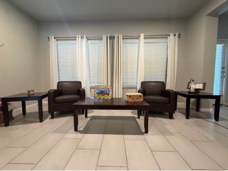 Moving out sale : 5-Piece Living Room Furniture Set - 2 Leather Armchairs & 3 Wooden Tables