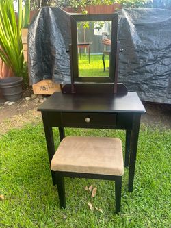 Dark Wood espresso Vanity Table with Mirror and Stool