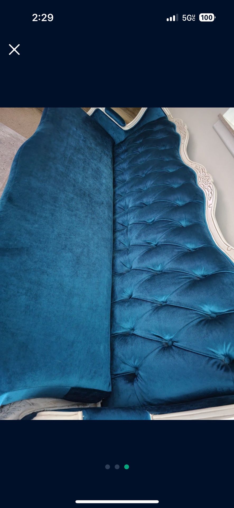 French Provincial–Style Tufted Blue Velvet Sofa – Like New