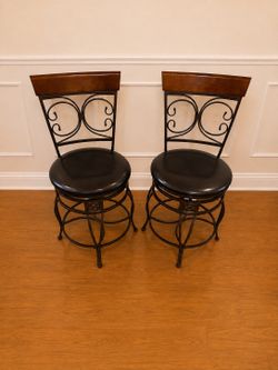 Set of 2 Powell Metal & Wood Bar Stools | Scrollwork Padded Seats