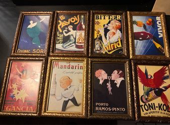 Set of 8 Matching Framed Vintage European Alcohol / Bar Poster Prints