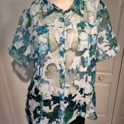 Vintage XL Bamboo Traders Sheer Blue Butterfly Floral Button Down Blouse Like New