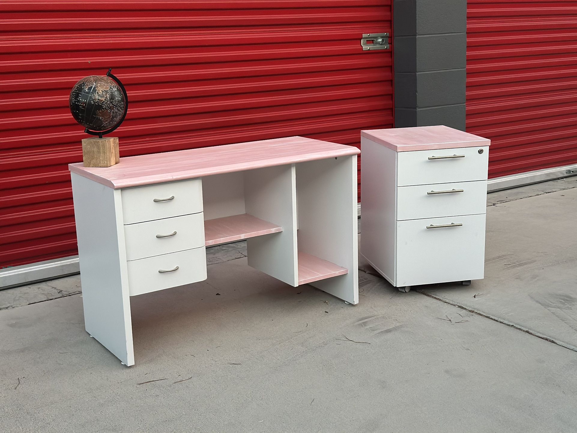 Pink Office Desk and Filing Cabinet