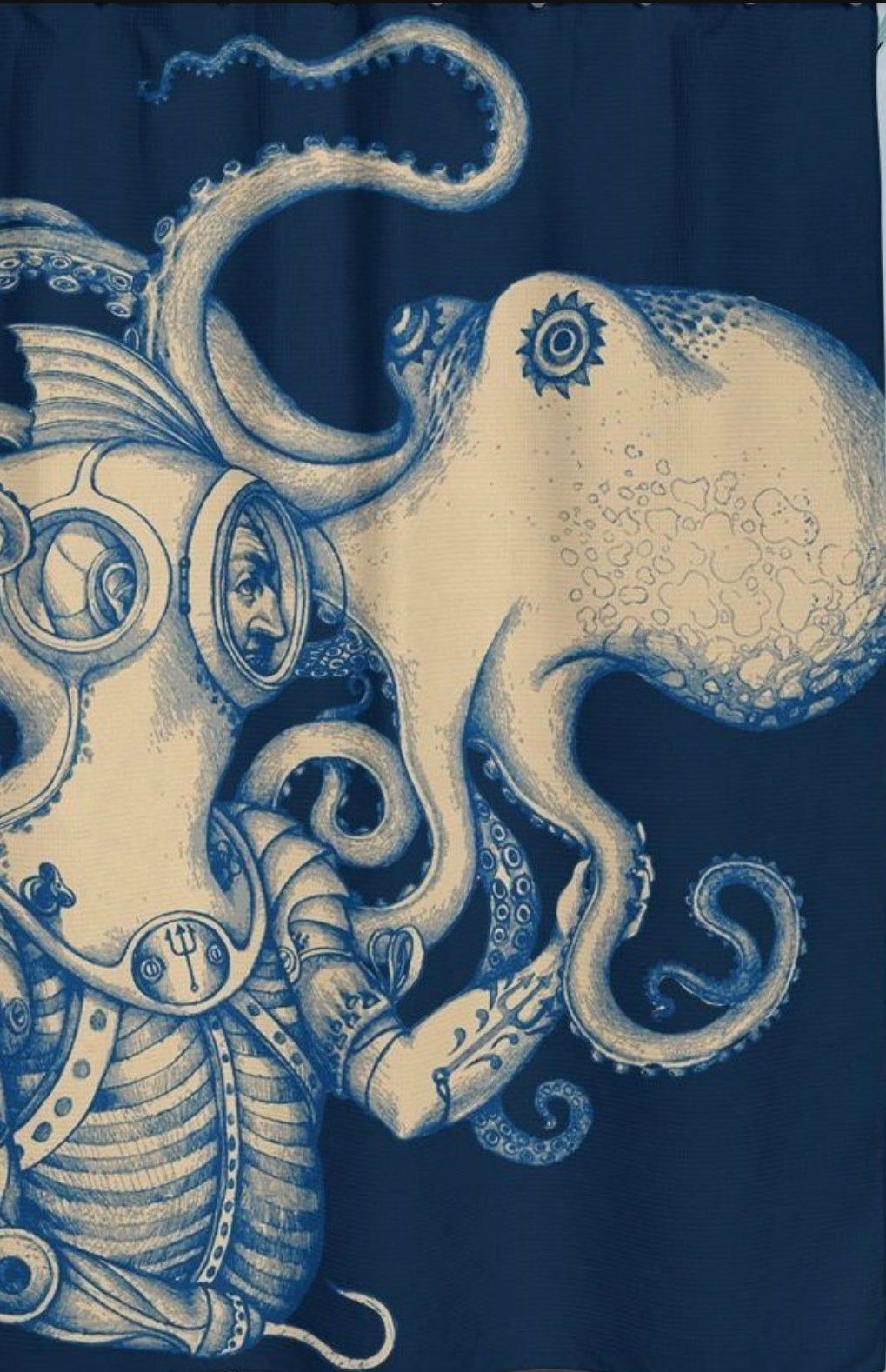 Society6 Octopus Shower Curtain Set Nautical Bathroom Decor Kraken and Scuba Diver Gold Tentacles Blue Polyester Fabric clear plasti hooks included