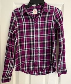 Flannel Inspired Cotton Shirt Faded Glory Girl L 10-12 Purple Plum Black Plaid