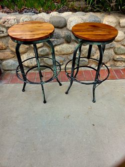 Pair of Industrial Bar Stools Wood and Iron 2pcs set