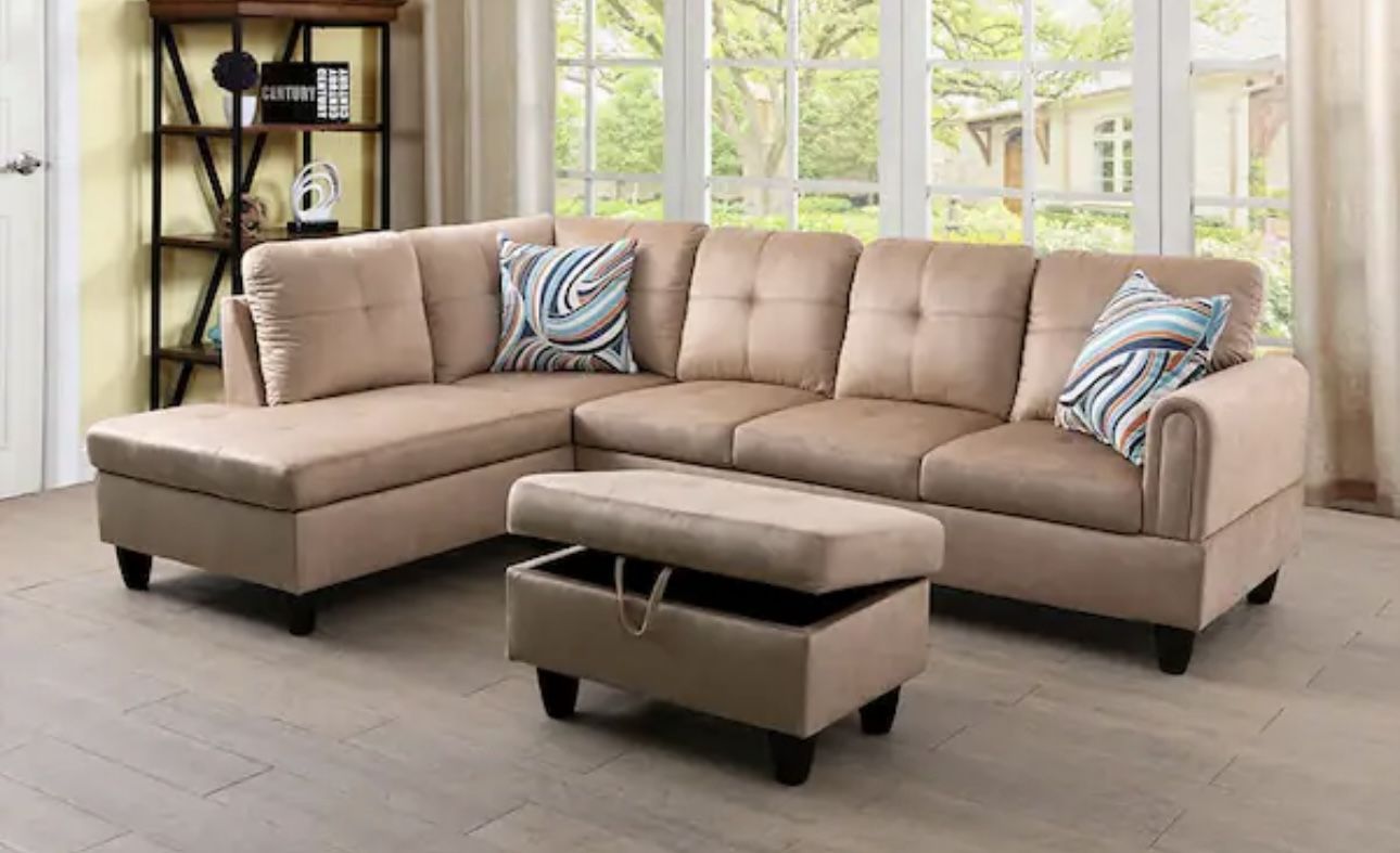 Beige Linen Sectional Couch And Ottoman