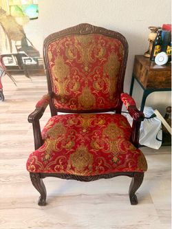 Vintage Louis XV Style Red and Gold Damask Armchair